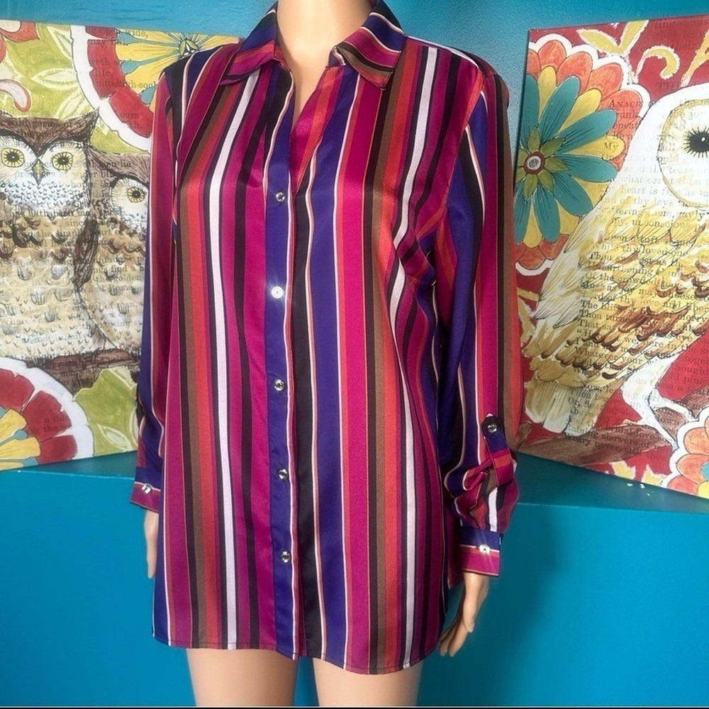 Anne Klein Blouse Retro Multicolor Striped Button Down Long Sleeve Workwear - Picture 5 of 10